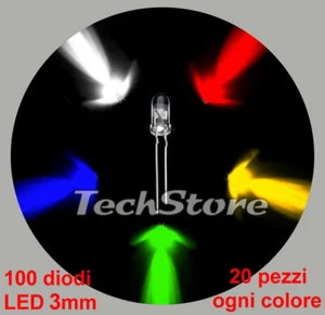 KIT 100 LED 3mm alta luminosità 20pz x ogni colore Bianco Rosso Giallo Verde Blu - Foto 1 di 1