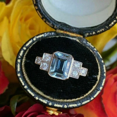 4Kt Aqua Blau Smaragd Damen Ring Diamant Verlobungsring Weißgold-Finish gr 52-62 - Bild 1 von 4