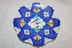 Small Middle Eastern Blue White Enamel Hanging Dish Plate Birds Flowers Mina - Picture 1 of 5