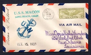US 1933 ZEPPELIN USS MACON LONG BEACH, CAL. TO NEW ORLEANS SIGNED BY THE PILOT - Picture 1 of 2