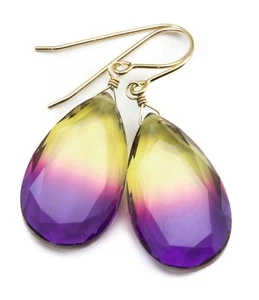 Watermelon Tourmaline Earrings Bicolor Yellow Purple Teardrops Sterling 14k Gold - Picture 1 of 6