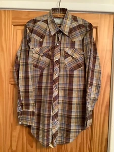VTG H Bar C Ranchwear California Gold Thread Plaid Western Mens Shirt 15.33 - Picture 1 of 5