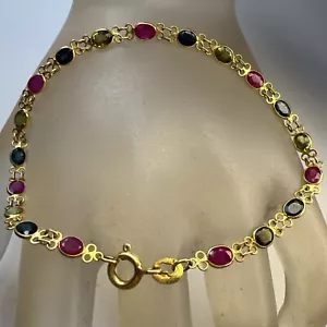 Sweet 18K Yellow Gold Bezel Set Emerald Ruby Sapphire Chain Link Bracelet 2.5g - Picture 1 of 11
