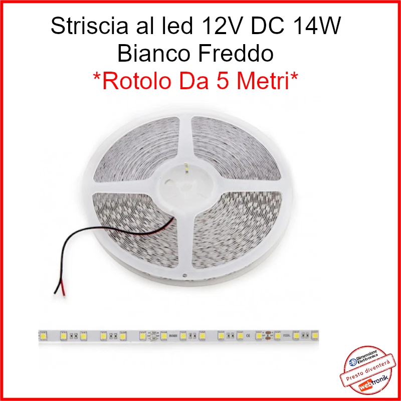Striscia LED 12V Bianca a strip Auto freddo 6000k Bobina 5 metri corda luci smd  - Immagine 1 di 1