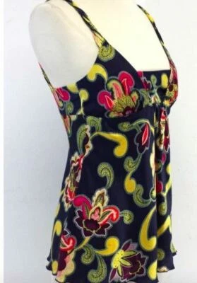 Camiseta sin mangas Trina Turk - Azul marino y amarillo estampado cachemir seda M a546 nueva sin etiquetas Foto 1 de 2