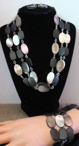 WHBM Necklace, Bracelet & Earring Set Multi Strand Mother Of Pearl, Black Wood - Picture 1 of 15