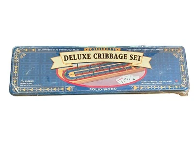 Deluxe Cribbage Set Metal Box Solid Wood Board Continuous Track - Image 1 of 3