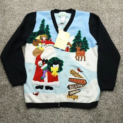 Quacker Factory Christmas Cardigan Sweater Women's Medium Embroidered Santa - Image 1 of 4