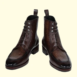 NEW-Handmade Men's Two Tone Brown Leather Ankle High Leather & Rubber Sole Boots - Picture 1 of 5