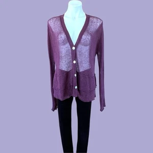J Jill Sweater Women’s XL Sheer Purple Ruffle Swing Linen Button Front Cardigan - Picture 1 of 14