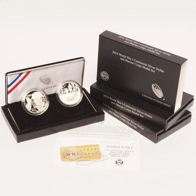 2018 World War I Marine Corps Commemorative Proof Silver Dollar 2-Coin Set - Image 1 of 3