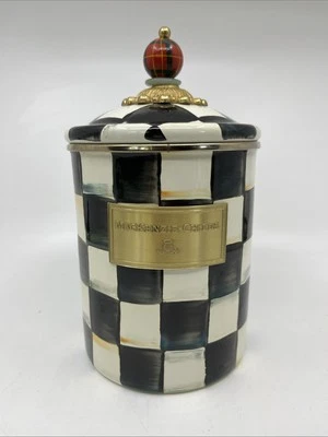 MacKenzie Childs Courtly Check Esmalte Mediano Bote Negro Blanco Rojo Dorado Cuadros Foto 1 de 4