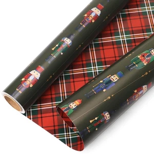 Christmas Wrapping Paper Mini Roll Reversible Vintage Nutcracker and Tartan P... - Picture 1 of 5