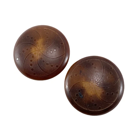 2 Vtg Carved Vegetable Ivory Buttons 1" Natural Brown Ombre Dots Swirl Design Cover