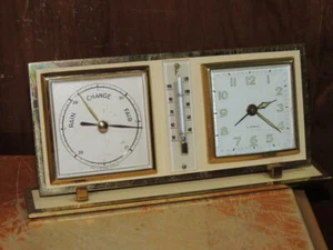 Mid Century 2 Jewel Desk Clock Thermometer Barometer 1940's Germany & West brass - Picture 1 of 12