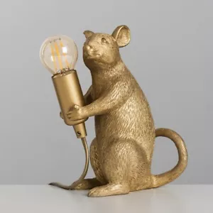 Animal Table Lamp Metallic Gold 20CM Tall Retro Rat Holding a Bulb Design LED - Picture 1 of 8