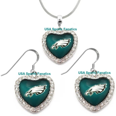 Philadelphia Eagles 925 项链或耳环或套装 Team Heart 带水钻 — 第 1/4 张图片