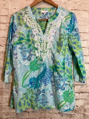 Top túnica Coldwater Creek para mujer mediano turquesa floral bordado ligero Foto 1 de 4