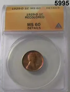 1929 D LINCOLN CENT ANACS CERTIFIED MS60 RECOLORED BETTER DATE! #5995 - Picture 1 of 3