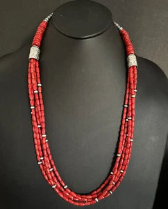 Sterling Silver Multi Strand Red Coral W Pearls Bead Necklace 29 Inch - Picture 1 of 12