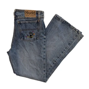 VTG Y2K Distressed Mudd Mid Rise Flare Denim Jeans Size 14 Hand Patch Wide Leg - Picture 1 of 15