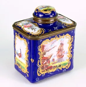 ~ Antique 1700-1760 English BATTERSEA Enamel Tea Caddy Ship Scene Bilston - Picture 1 of 12