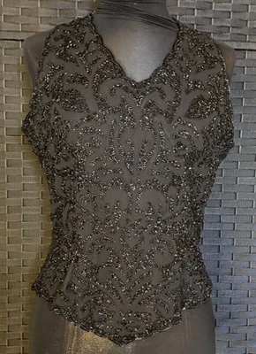 Vintage HEAVY BEADED BLACK TANK TOP Medium JKara Sleeveless OfficeSiren Goth y2k - Image 1 of 4