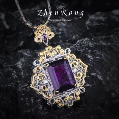 Elegante Collar Colgante Amatista Tono Plata y Oro Hermoso Pergamino Trabajo Foto 1 de 4