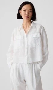 NWT Gap 100% Linen Cropped Top WOMENS Striped WHITE Long Sleeve Shirt XL - Picture 1 of 8