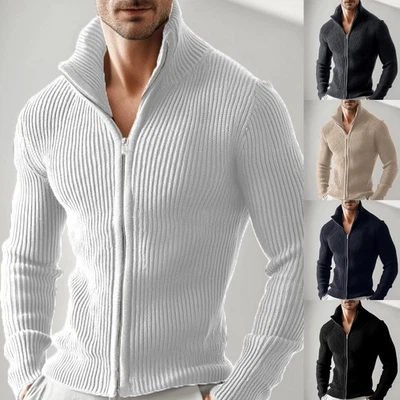Brand New Full Zip Cardigan Stand Collar Sweater Knitted Thick Knit Tight Fit - Image 1 of 4
