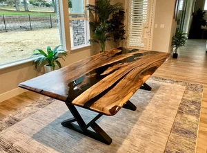 Custom Walnut Wood Epoxy Resin Dining Table – Handmade Black Clear River Table - Picture 1 of 11