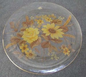 VIKING GLASS CLEAR WITH YELLOW & BROWN FLORAL PATTERN 12" PLATTER GOLD GILT - Picture 1 of 5