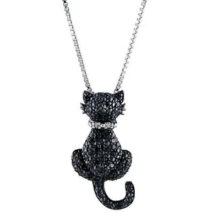1Ct Lab Created Black & White Diamond Cat Pendant Necklace 14K Gold Finish - Picture 1 of 6