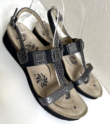 Abeo Womens Sandal Size 9 Black Silver Leather Strappy Ankle Strap Arch Support - Image 1 of 4