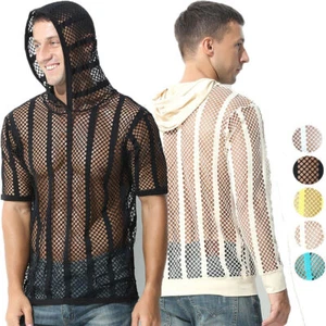 Mens Fishnet Mesh T-shirt Tops Muscle  See Through Hoodie Vest Tank Top Clubwear - Picture 1 of 32