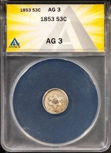 1853 3c Silver AG 3 ANACS # 7786797 + Bonus - Picture 1 of 2