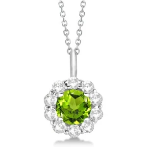 1.50CT Lab Created Peridot Halo Flower Pendant 18" Chain 14K White Gold Plated - Picture 1 of 4