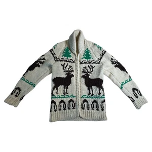 Homemade Knit Beige With Deer & Pine Trees Zip Up Sweater With Collar Womens XXS - Picture 1 of 7