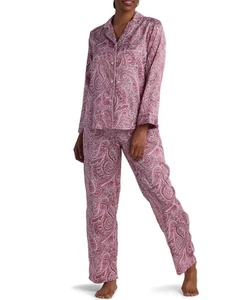 Miss Elaine Pyjama Set Damen Gr. Small Burgund Paisley Satin Langarm Tasche - Bild 1 von 15