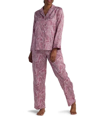 Miss Elaine Pajama Set Womens SZ Small Burgundy Paisley Satin Long Sleeve pocket - Image 1 of 4