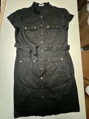 Calvin Klein Dress Size 14 Black Belted Four Pocket Snap Front Mandarin Collar - Image 1 of 4