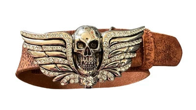 WASHED UP HOLLYWOOD SILVER CRYSTAL SKULL HEAD BELT BUCKLE 34" - Image 1 of 4