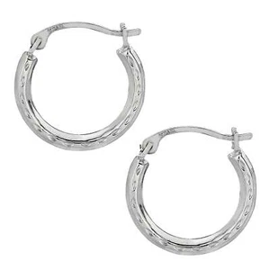 10k White Gold Shiny Diamond Cut Round Hoop Earrings, Diameter 15mm - Picture 1 of 5