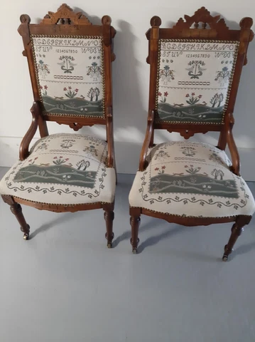 2 Antique Victorian Eastlake Side Chairs Alphabet Sampler Phoenix, AZ Local PU Cover