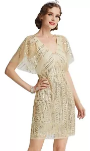 BABEYOND DAMEN KLEID GR. SMALL Beige & Gold 1920 TOLLES GATSBY COCKTAIL PARTY - Bild 1 von 6