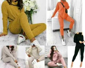 DAMEN GROBSTRICK POLO HOCHGESCHLOSSEN OBERTEIL LEGGINGS LOUNGEWEAR 2-TEILIGES ANZUGSET - Bild 1 von 11