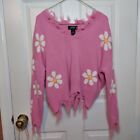 Just Polly Pink Daisy Knit Sweater Cropped Raw Distressed Hem Oversized Size S