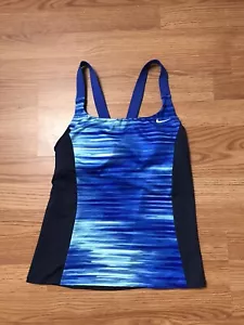 Nike Tankini Swim Top Womens S Blue Striped Racerback Cutout Shelf Bra Padded - Picture 1 of 7
