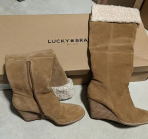New with box Lucky Brand tan knee high wedge boots with fur - size 7 - Picture 1 of 6