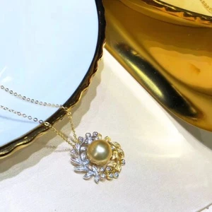 beautiful AAA++ 9-10mm natural south sea gold round pearl pendant 925 silver - Picture 1 of 7